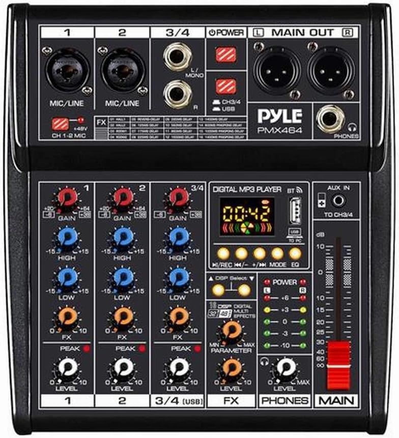 Pyle Professional DJ Audio Mixer Controller - 4-Channel DJ Controller Sound Mixer w/DSP 16 Preset Effects, USB Interface, 2 XLR Mic/Line Input, AUX, FX Processor MP3 Player, Headphone Jack PMX464 balanced output player,audiophile player,hi-res digital play