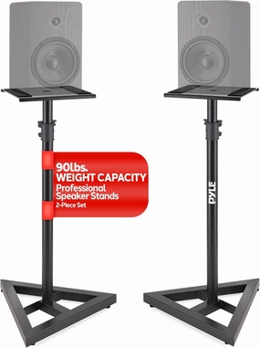 Pyle Speaker Stand Pair of Sound Play 1 and 3 Holder - Telescoping Height Adjustable from 26 - 52 Inch High Heavy Duty Three-point Triangle Base w/ Floor Spikes and 9 Square Platform, Black studio monitors,nearfield speakers,mixing reference monitors,