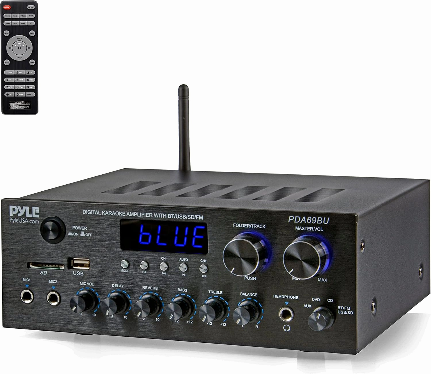Pyle Stereo Amplifier Audio Receiver with Remote Control - Bluetooth Streaming, MP3/USB/SD/FM Radio, 2.0 Channel HiFi Sound System with RCA/Aux Inputs, Microphone & Headphone Jacks, Adjustable Bass AV receiver,surround receiver,home theater amplifier,