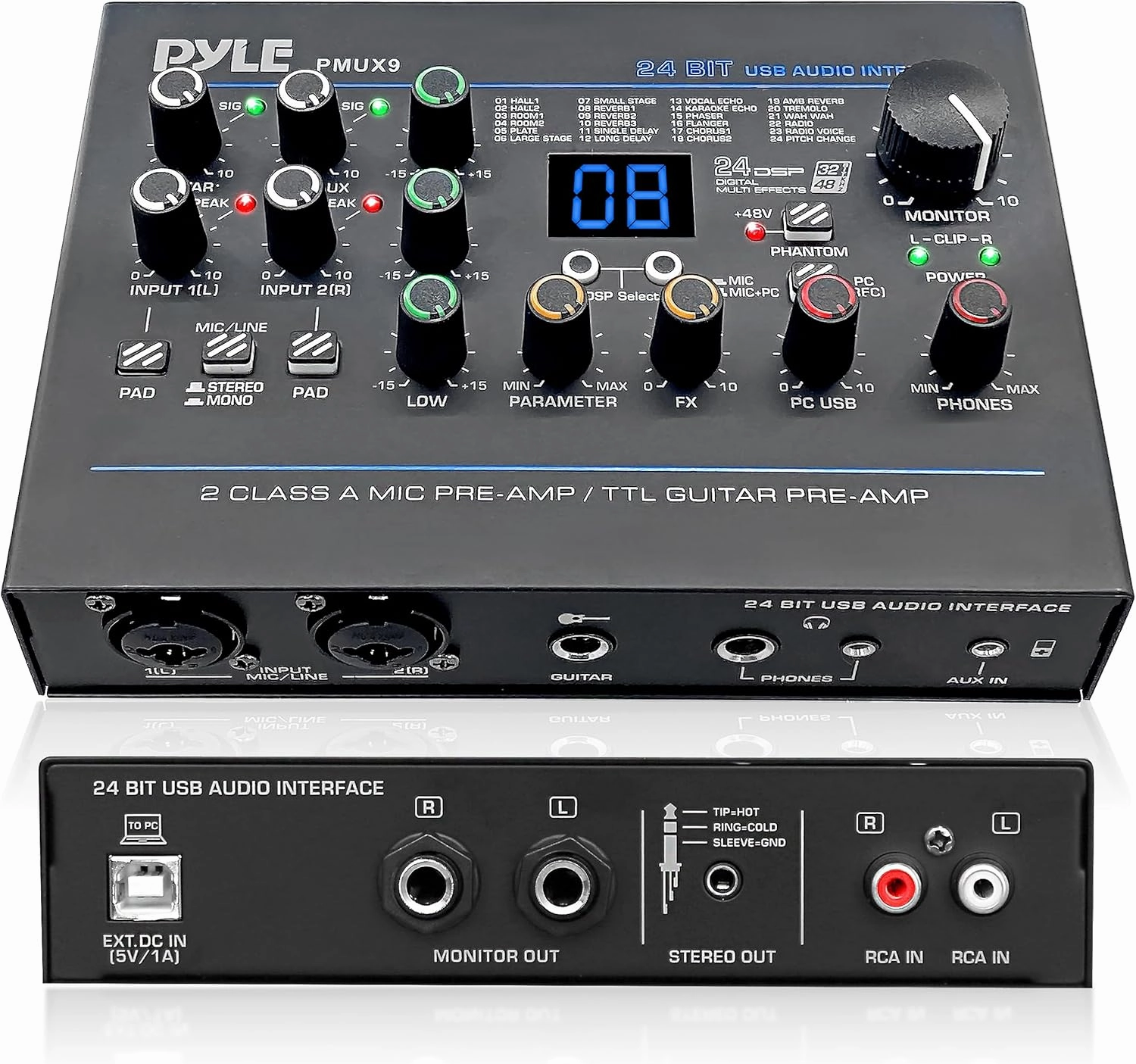 Pyle USB Audio Interface - MIC/LINE - Guitar - AUX Stereo & RCA Inputs - Preset 24 Digital Effects - Phantom Power - Phone/Stereo/Monitor/Headphone Outputs - For Computer Playing & Recording - PMUX9 audio interface,USB interface,music recording inp