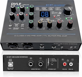 Pyle USB Audio Interface - MIC/LINE - Guitar - AUX Stereo & RCA Inputs - Preset 24 Digital Effects - Phantom Power - Phone/Stereo/Monitor/Headphone Outputs - For Computer Playing & Recording - PMUX9 audio interface,USB interface,music recording inp