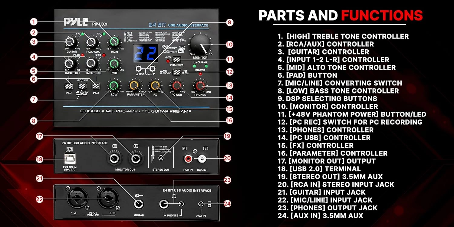 Pyle USB Audio Interface - MIC/LINE - Guitar - AUX Stereo & RCA Inputs - Preset 24 Digital Effects - Phantom Power - Phone/Stereo/Monitor/Headphone Outputs - For Computer Playing & Recording - PMUX9