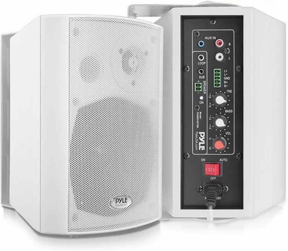 Pyle Wall Mount Home Speaker System - Active Passive Mountable Bookshelf Indoor Studio Garage Patio Stereo Sound Home Theater, Wireless Bluetooth Speaker Set W/Aux & RCA, White bookshelf speakers,compact stereo speakers,hi-fi shelf speakers,