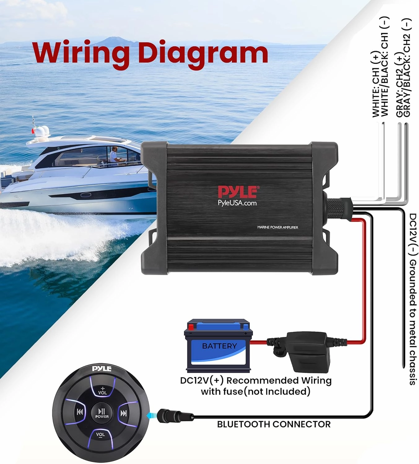 Pyle Waterproof Bluetooth Marine Amplifier Receiver - Weatherproof 2 Channel Wireless Amp for Stereo Speaker with 600 Watt Power, Wired RCA, AUX and MP3 Audio Input Cable - (Black)