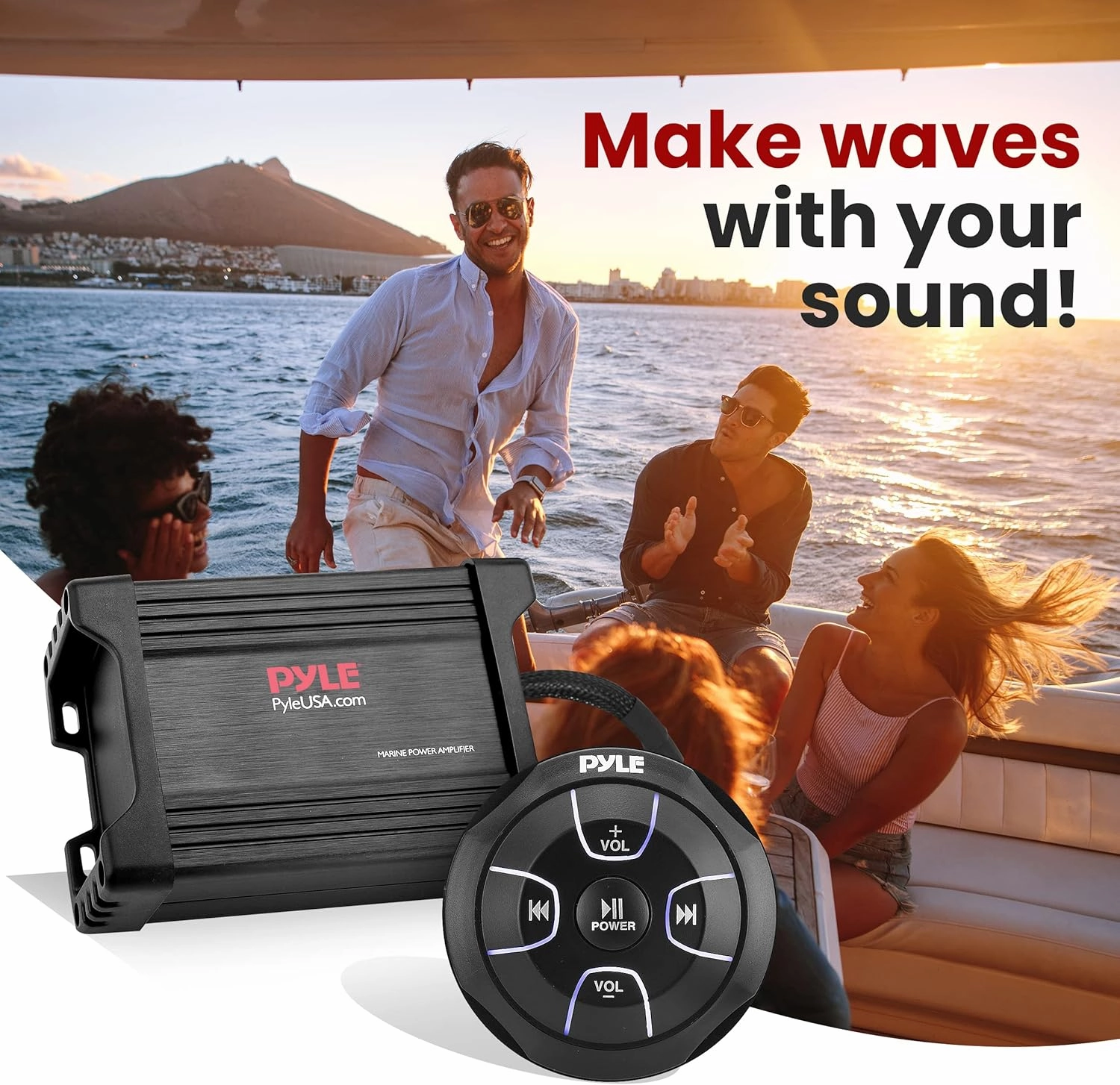 Pyle Waterproof Bluetooth Marine Amplifier Receiver - Weatherproof 2 Channel Wireless Amp for Stereo Speaker with 600 Watt Power, Wired RCA, AUX and MP3 Audio Input Cable - (Black)