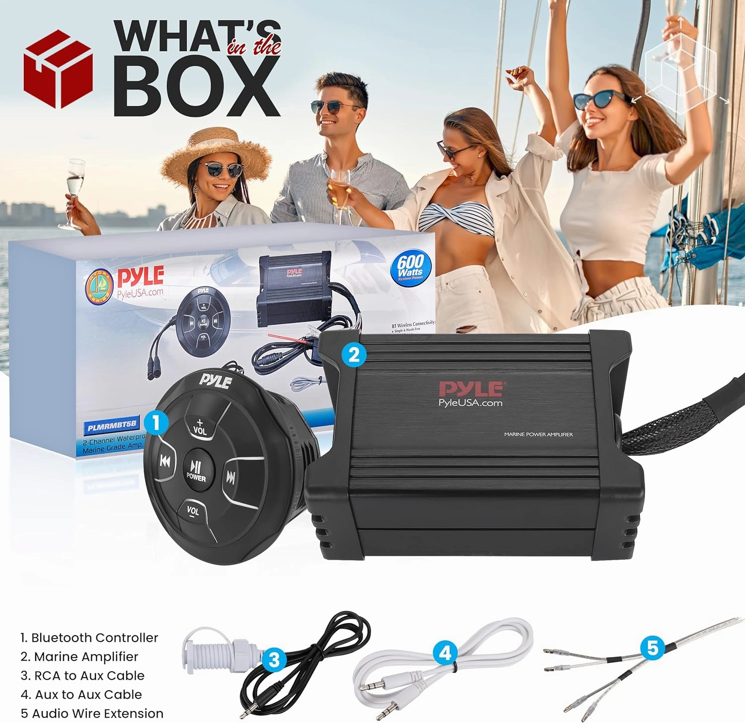 Pyle Waterproof Bluetooth Marine Amplifier Receiver - Weatherproof 2 Channel Wireless Amp for Stereo Speaker with 600 Watt Power, Wired RCA, AUX and MP3 Audio Input Cable - (Black)
