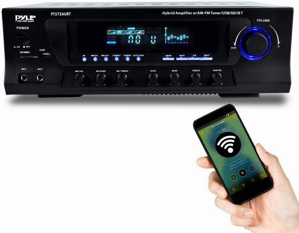 Pyle Wireless Bluetooth Audio Power Amplifier - 300W 4 Channel Home Theater Stereo Receiver with USB, AM FM, 2 Mic IN with Echo, RCA, LED, Speaker Selector, For Studio, Home Use, Black - PT272AUBT
