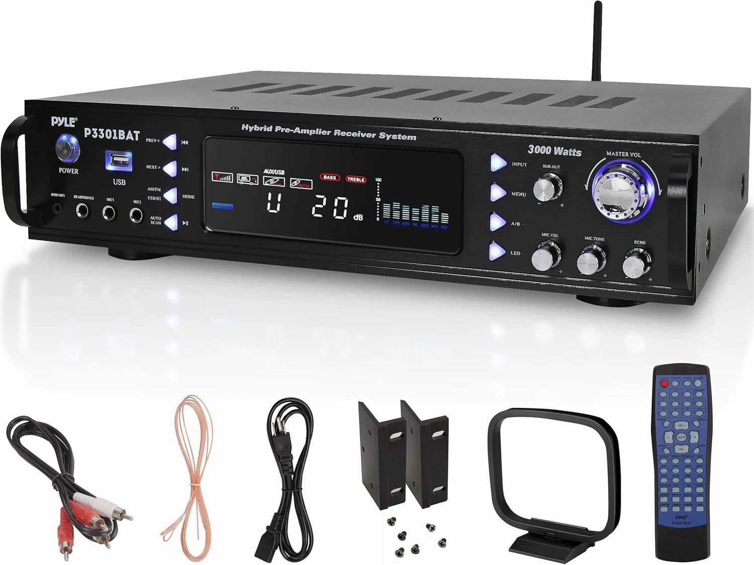 Pyle Wireless Bluetooth Home Stereo Amplifier- Hybrid Multi-Channel, 3000W Power Amplifier, Home Audio Receiver System w/ AM/FM Radio,MP3,USB, AUX, RCA, Karaoke Mic in, Rack Mount, Remote- P3301BAT.5 power amplifier,stereo amp,hi-fi power amp,