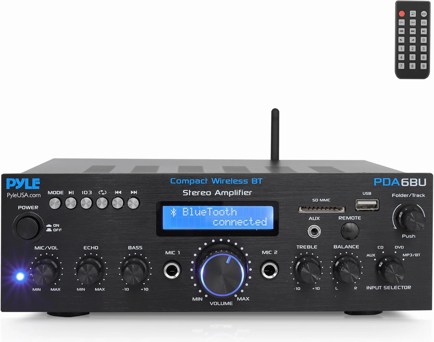 Pyle Wireless Bluetooth Power Amplifier System- 200W Dual Channel Sound Audio Stereo Receiver w/ USB, SD, AUX, MIC in w/ Echo, Radio, LCD, for Home Theater Entertainment via RCA, Studio Use- PDA6BU.7 power amplifier,stereo amp,hi-fi power amp,