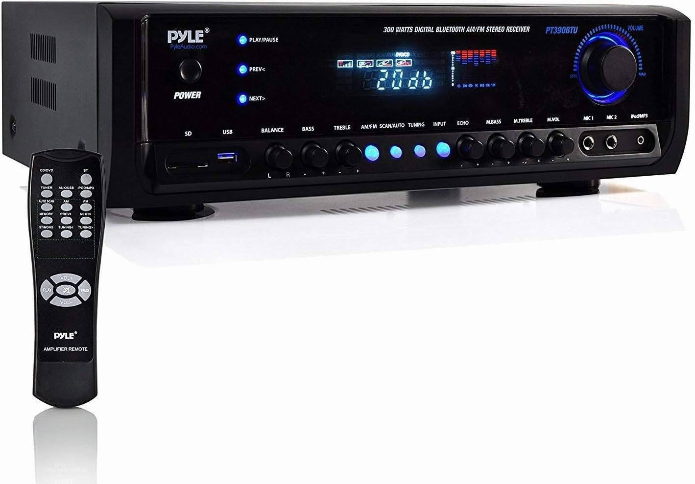 Pyle Wireless Bluetooth Power Amplifier System- 300W 4 Channel Home Theater Audio Stereo Sound Receiver Box Entertainment w/ USB, RCA, 3.5mm AUX, LED, Remote for Speaker, PA, Studio, Black - PT390BTU integrated amplifier,stereo receiver,hi-fi amp combo,