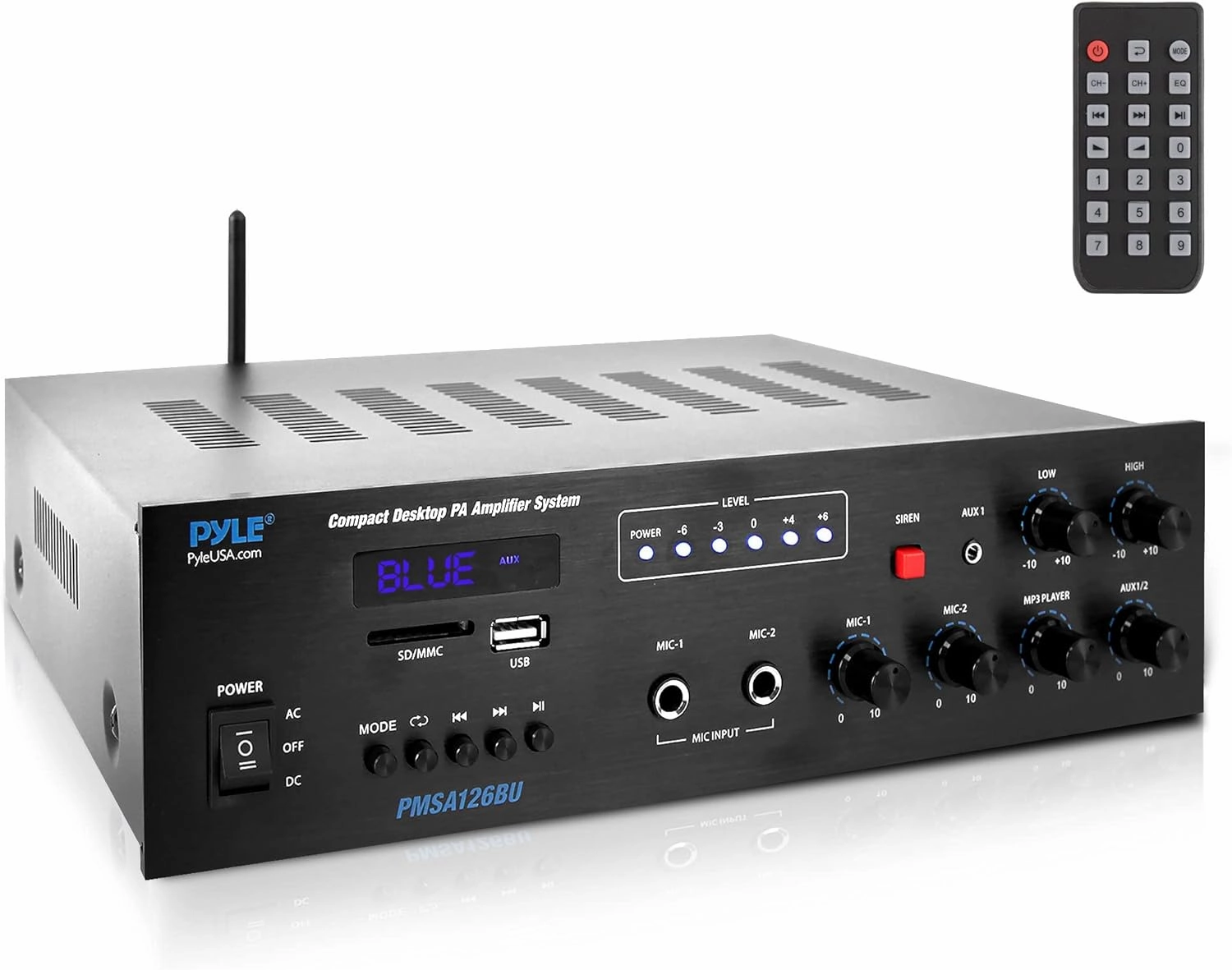 Pyle Wireless Bluetooth Public Address Amplifier - 500W Compact Mini Digital Home Power Audio Sound PA Receiver System w/ 70V 100V Output, Mic Input, Radio, USB, Remote For 4-16ohm Speaker- PMSA126BU integrated amplifier,stereo receiver,hi-fi amp combo,