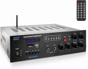 Pyle Wireless Bluetooth Public Address Amplifier - 500W Compact Mini Digital Home Power Audio Sound PA Receiver System w/ 70V 100V Output, Mic Input, Radio, USB, Remote For 4-16ohm Speaker- PMSA126BU integrated amplifier,stereo receiver,hi-fi amp combo,
