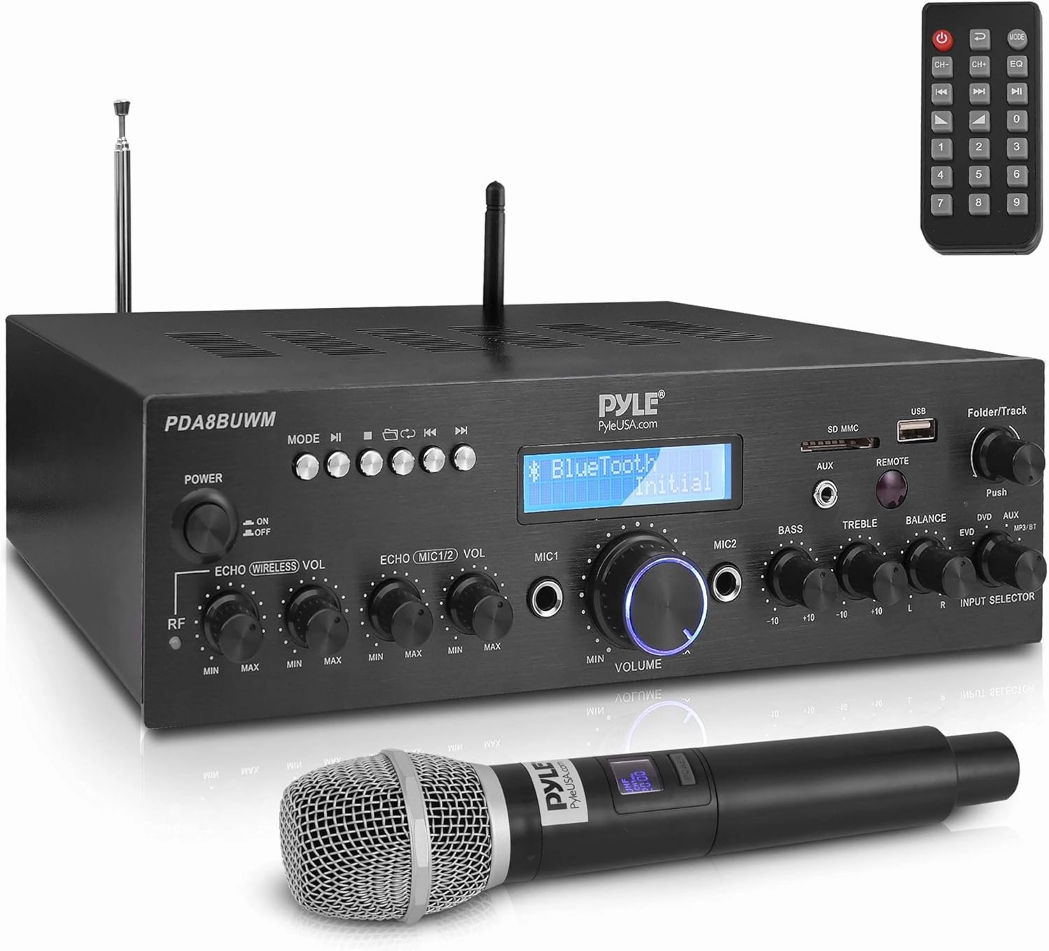 Pyle Wireless Microphone Bluetooth Amplifier-200W Peak Power Dual Channel Stereo Audio Receiver w/USB,AUX in, Dual Mic Inputs w/Echo Control,RCA Input, For Karaoke,Home Theater,Music Studio- PDA8BUWM integrated amplifier,stereo receiver,hi-fi amp combo,