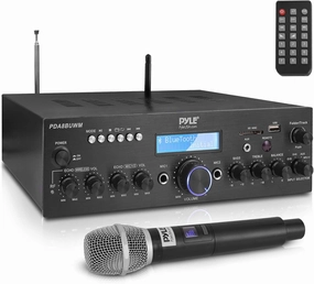 Pyle Wireless Microphone Bluetooth Amplifier-200W Peak Power Dual Channel Stereo Audio Receiver w/USB,AUX in, Dual Mic Inputs w/Echo Control,RCA Input, For Karaoke,Home Theater,Music Studio- PDA8BUWM integrated amplifier,stereo receiver,hi-fi amp combo,