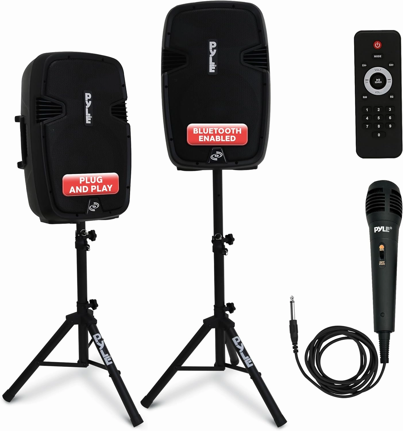 Pyle Wireless Portable PA System Kit - 1800W Peak, Bluetooth Compatible, Active   Passive Pair For Indoor / Outdoor Sound, Multiple Inputs-USB SD AUX XLR RCA, Comes With 2 Stands, Wired Mic, Remote speaker stands,monitor stands,floor speaker holders,