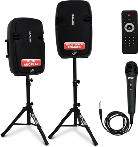 Pyle Wireless Portable PA System Kit - 1800W Peak, Bluetooth Compatible, Active   Passive Pair For Indoor / Outdoor Sound, Multiple Inputs-USB SD AUX XLR RCA, Comes With 2 Stands, Wired Mic, Remote speaker stands,monitor stands,floor speaker holders,