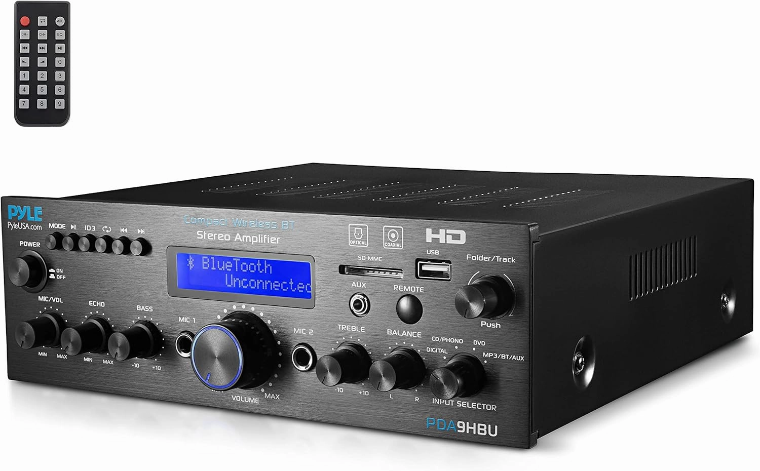 PyleUsa Wireless Bluetooth Home Stereo Amplifier - Multi-Channel 200 Watt Power Amplifier Home Audio Receiver System w/ HDMI, Optical/Phono/Coaxial,FM Radio, USB/SD, AUX, RCA,Mic in Remote - PDA9HBU.6 AV receiver,surround receiver,home theater amplifier,