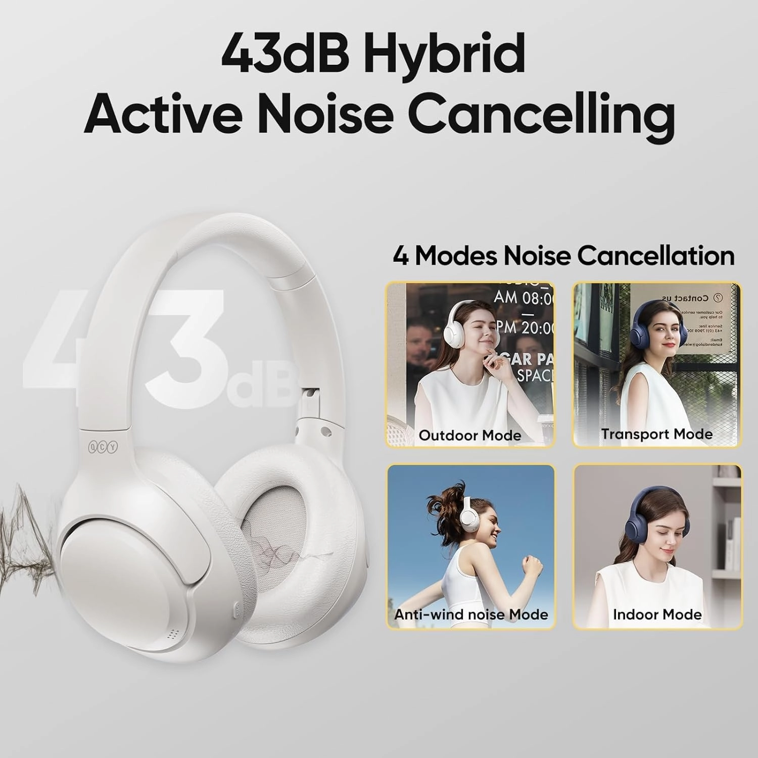 QCY H3 ANC Bluetooth Headphones Over Ear, Active Noise Cancelling Bluetooth 5.4 Headphones with Microphones, Hi-Res Audio Sound, Multipoint Connection, 60H Playback, Custom EQ via App(White)