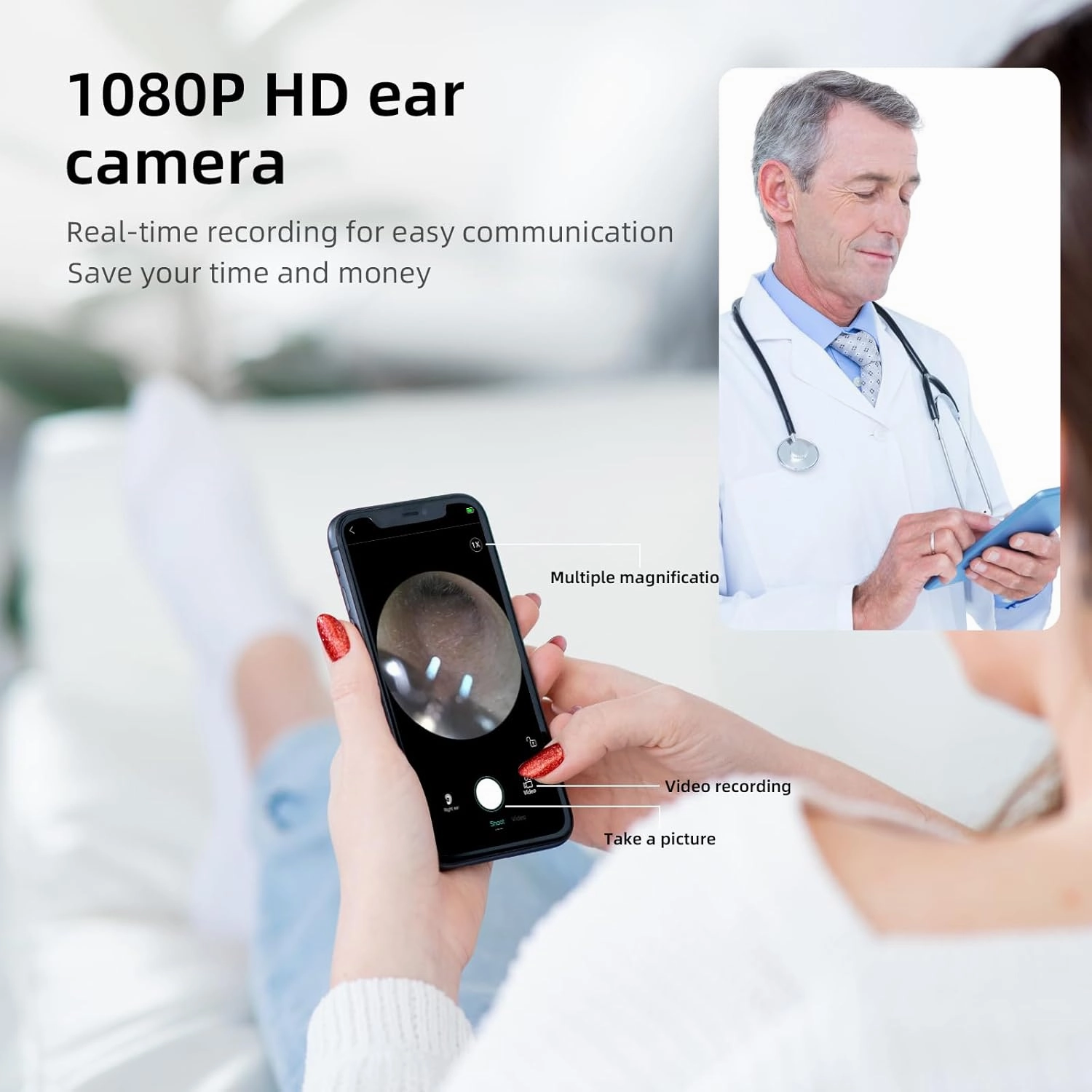 Qimic Ear Camera with Tweezers - Ear Cleaner with Camera,1080P HD Earwax Removal Tool with Light, IP67 Ear Cleaning Kit with 6 Ear Spoon, Ear Camera Otoscope for iPhone, Android