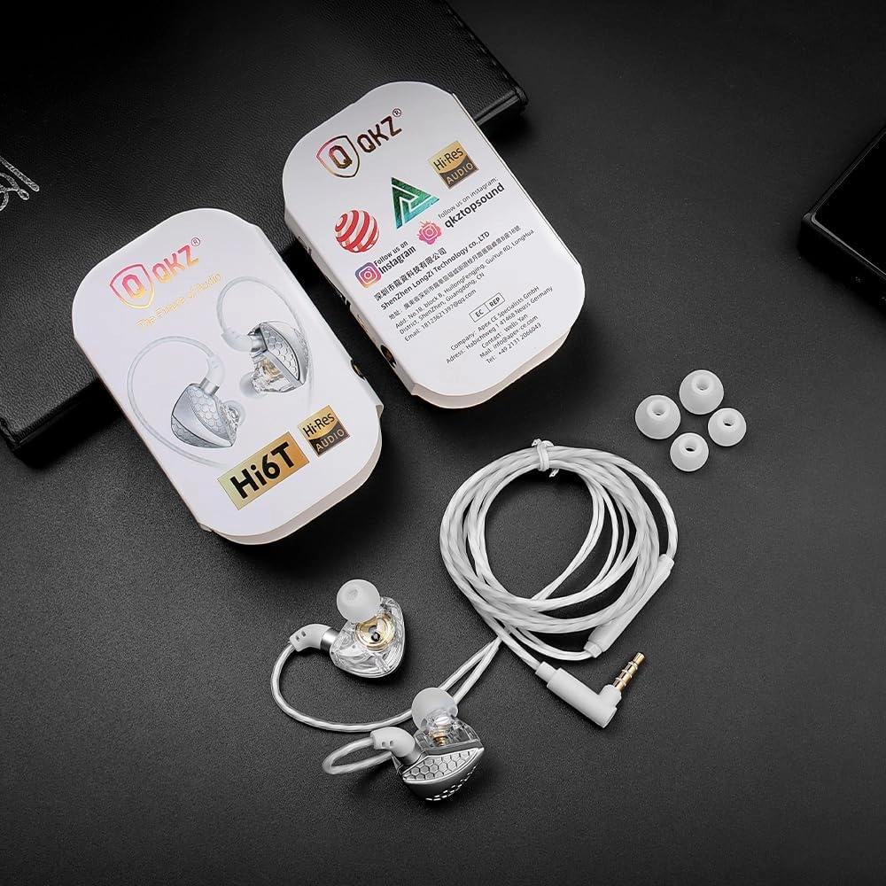 QKZ-Hi6T in Ear Monitor Headphones, Wired Earbuds Stereo Bass, HiFi IEM Earphone, Wired Gaming Earbuds, Without Detachable Cables (with mic, QKZ-Hi6T White)