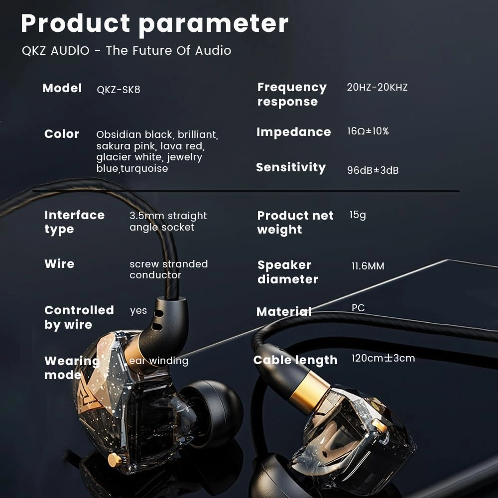 Qkz Sk8 in Ear Monitor Headphones, Wired Earbuds Stereo Bass, HiFi IEM Earphone, Wired Gaming Earbuds, Without Detachable Cables (with mic, Black)