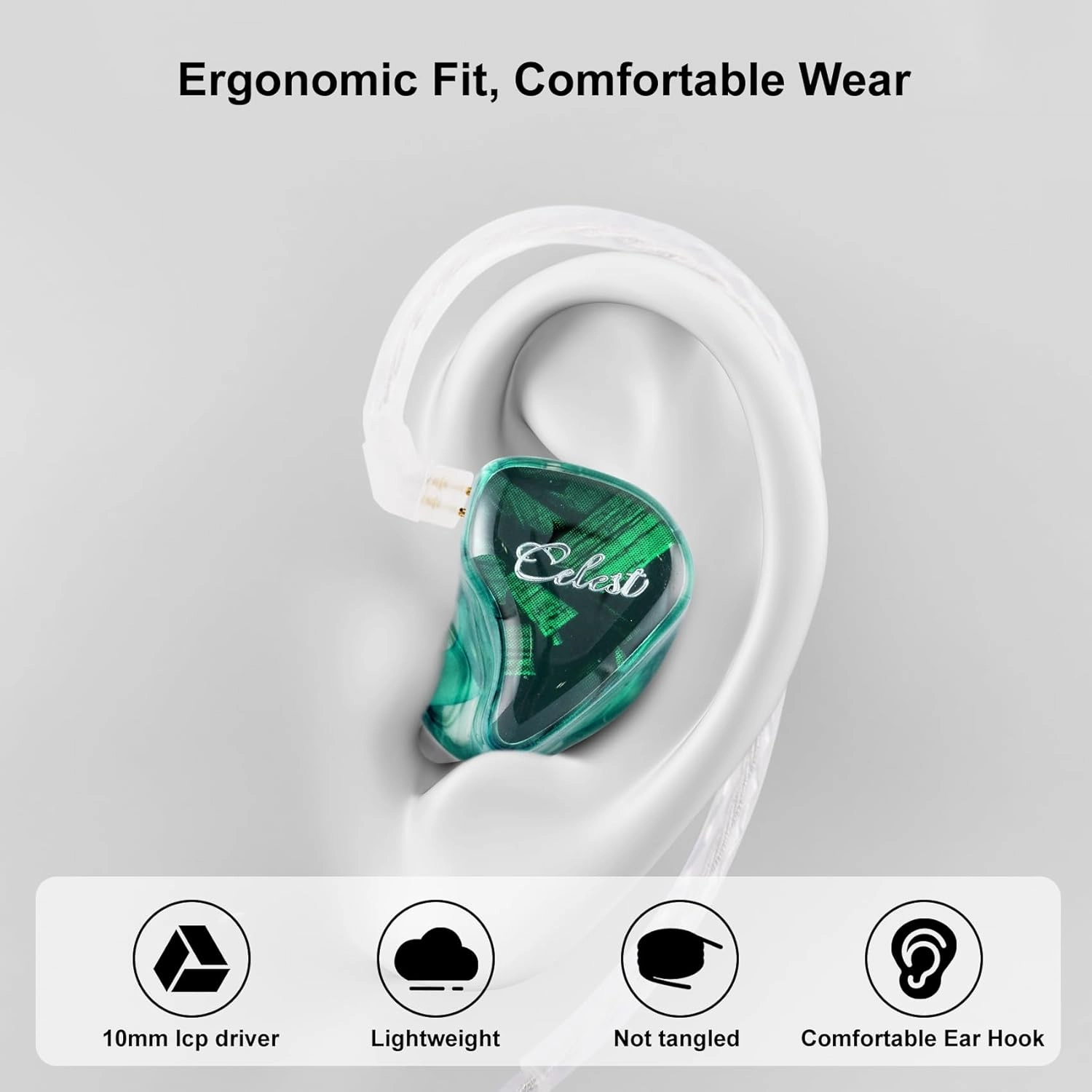 QOA Celest WyvernGreen 10mm LCP Driver in Ear Monitor Headphones, HiFi Wired Earbuds, Gaming Earbuds, IEM Earphones with Hand-Drawn Faceplate, Detachable Cable for Musicians Audiophile Singers DJ