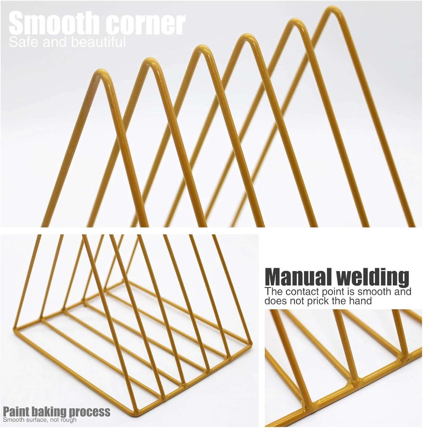 QPEY Triangle File Holder,5 Slot Metal Vinyl Record Stand Holder Magazine Newspaper Holder Photography Props for Office Home 1 Pc (Gold)