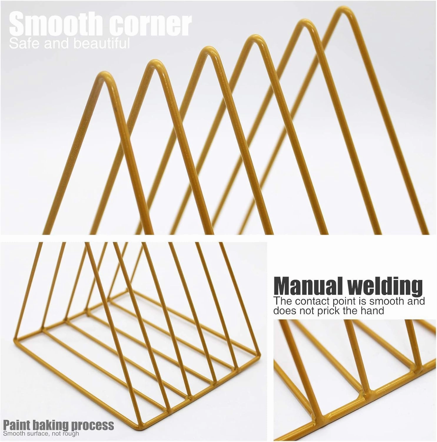QPEY Triangle File Holder,5 Slot Metal Vinyl Record Stand Holder Magazine Newspaper Holder Photography Props for Office Home (2pc gold)