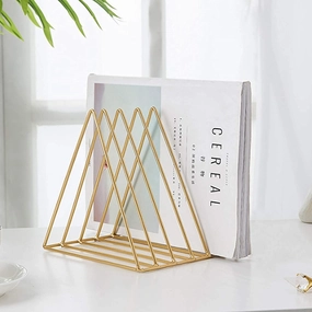 QPEY Triangle File Holder,5 Slot Metal Vinyl Record Stand Holder Magazine Newspaper Holder Photography Props for Office Home (2pc gold) vinyl storage,record holder,LP organizer,