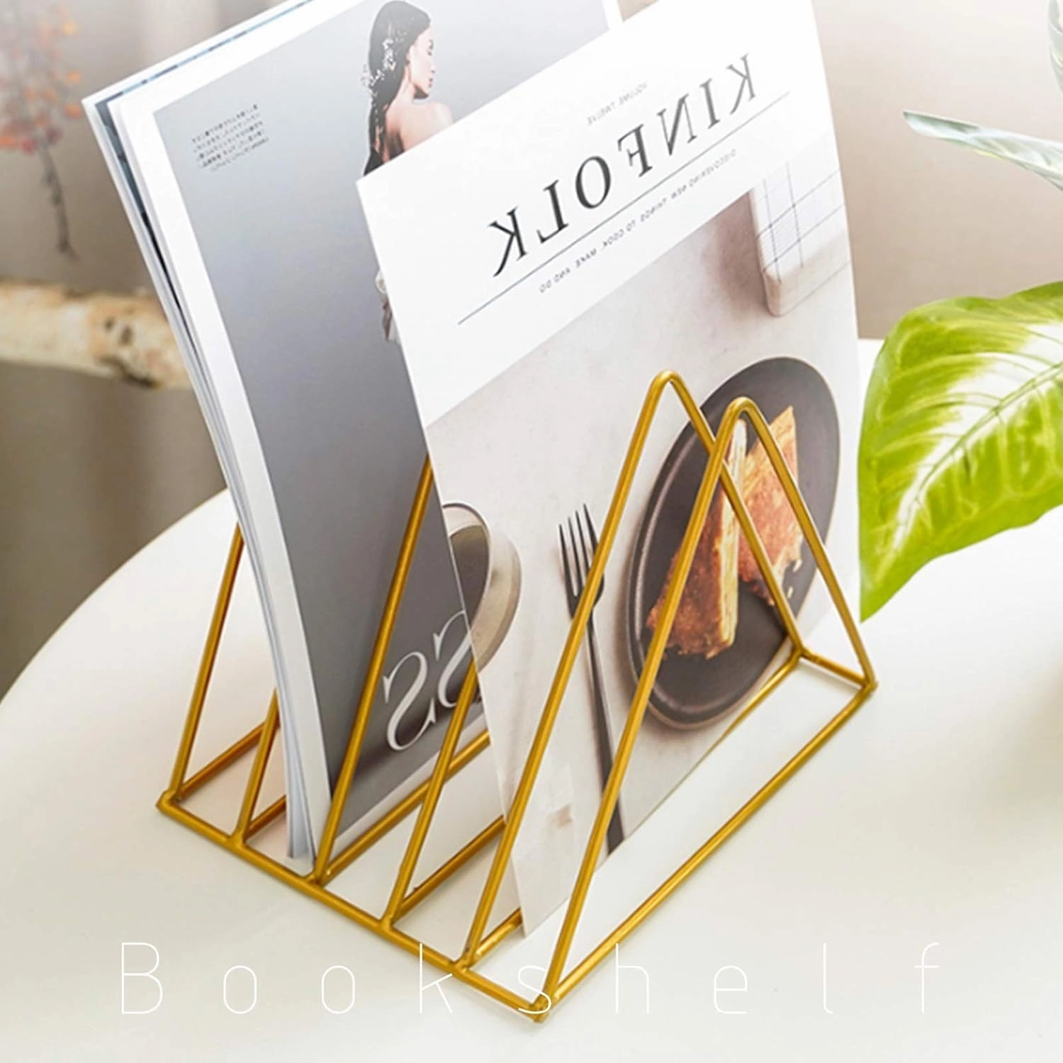 QPEY Triangle File Holder,5 Slot Metal Vinyl Record Stand Holder Magazine Newspaper Holder Photography Props for Office Home (2pc gold)