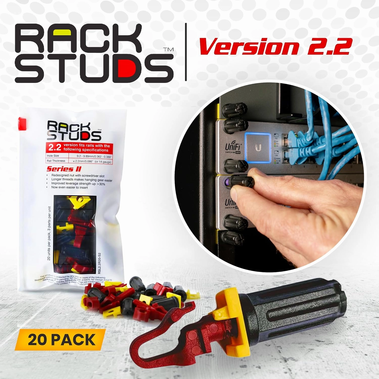 R20 Series II Rack Mount Screws - Server Rack Screws and Cage Nuts Replacement for Server Rack Rails 19" Square Punched Vertical Rail, Without Using Cage Nut Tool - Red 2.22mm/0.086 20 Pack