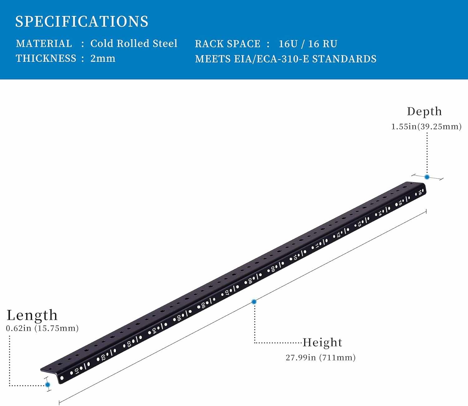 RackPath 16U Vertical Server Rack Rail Pair Kit, DIY Rack Build, 12-24 Screws x64