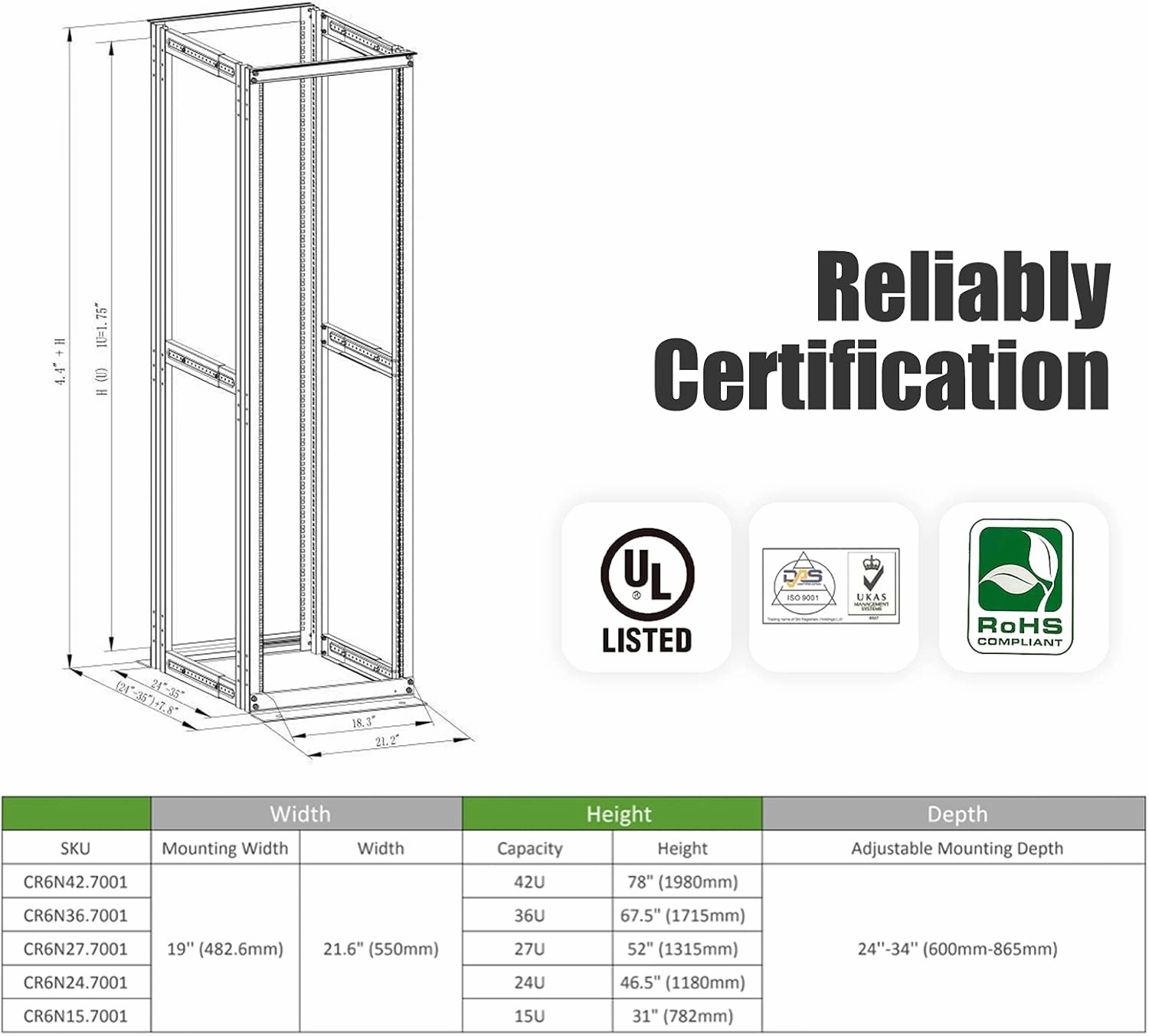 Raising ELECTRONIS 27U 4 Post Open Rack Frame Rack Enclosure 19 Inch Adjustable Depth Aluminum UL Certified