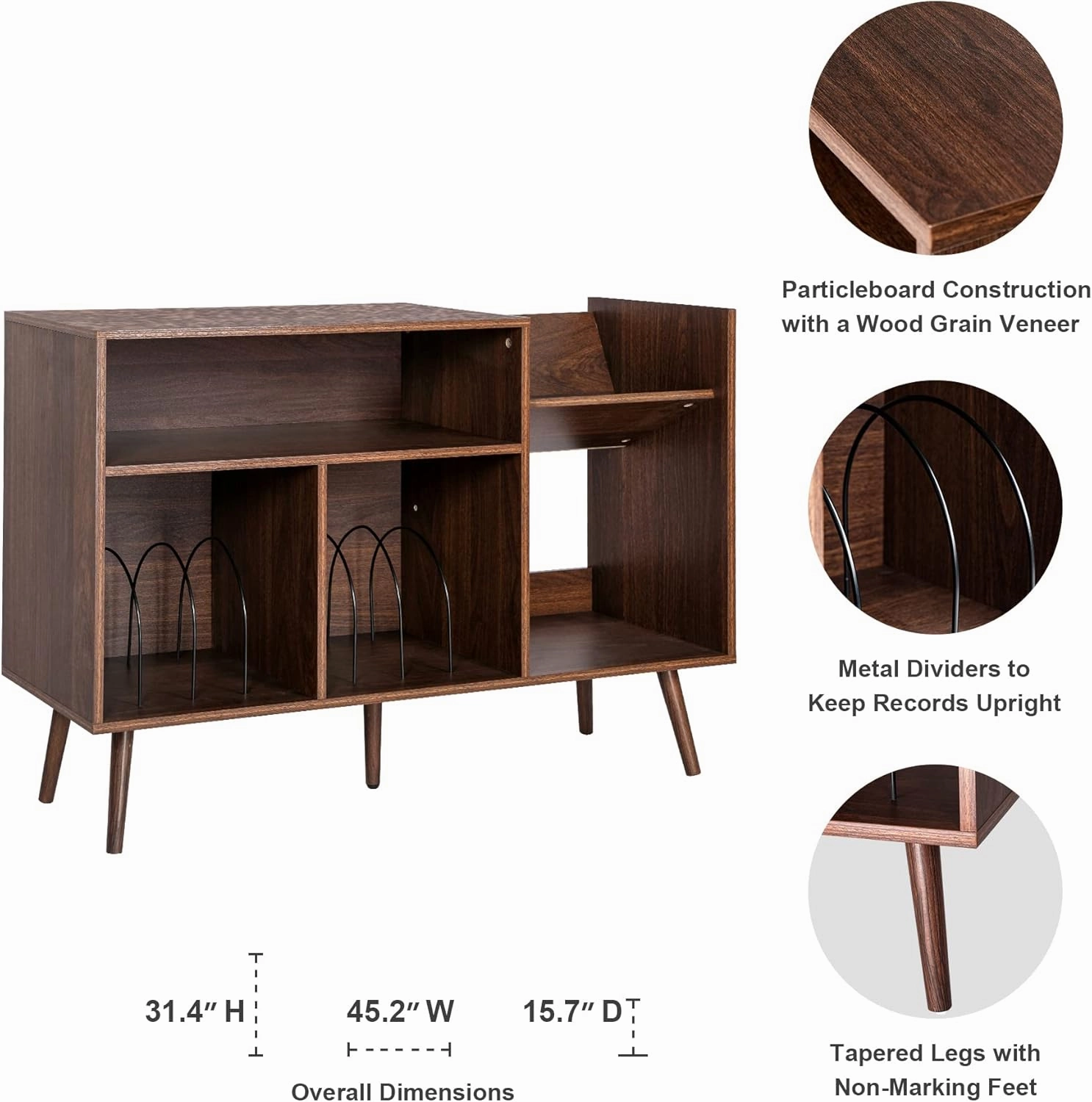RARZOE Large Record Player Stand, Mid Century Concord Turntable Stand Table Holds Up to 350 Albums, Vinyl Record Storage Cabinet with Wood Legs for Living Room Office, Walnut Brown