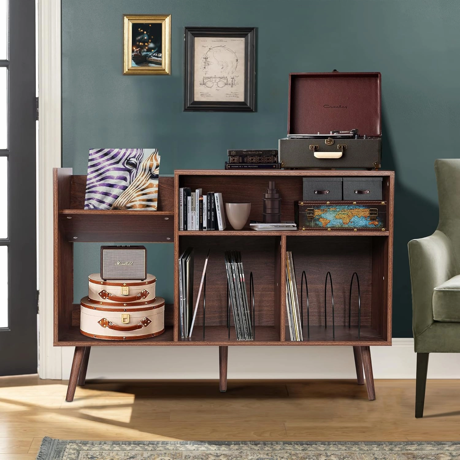 RARZOE Large Record Player Stand, Mid Century Concord Turntable Stand Table Holds Up to 350 Albums, Vinyl Record Storage Cabinet with Wood Legs for Living Room Office, Walnut Brown