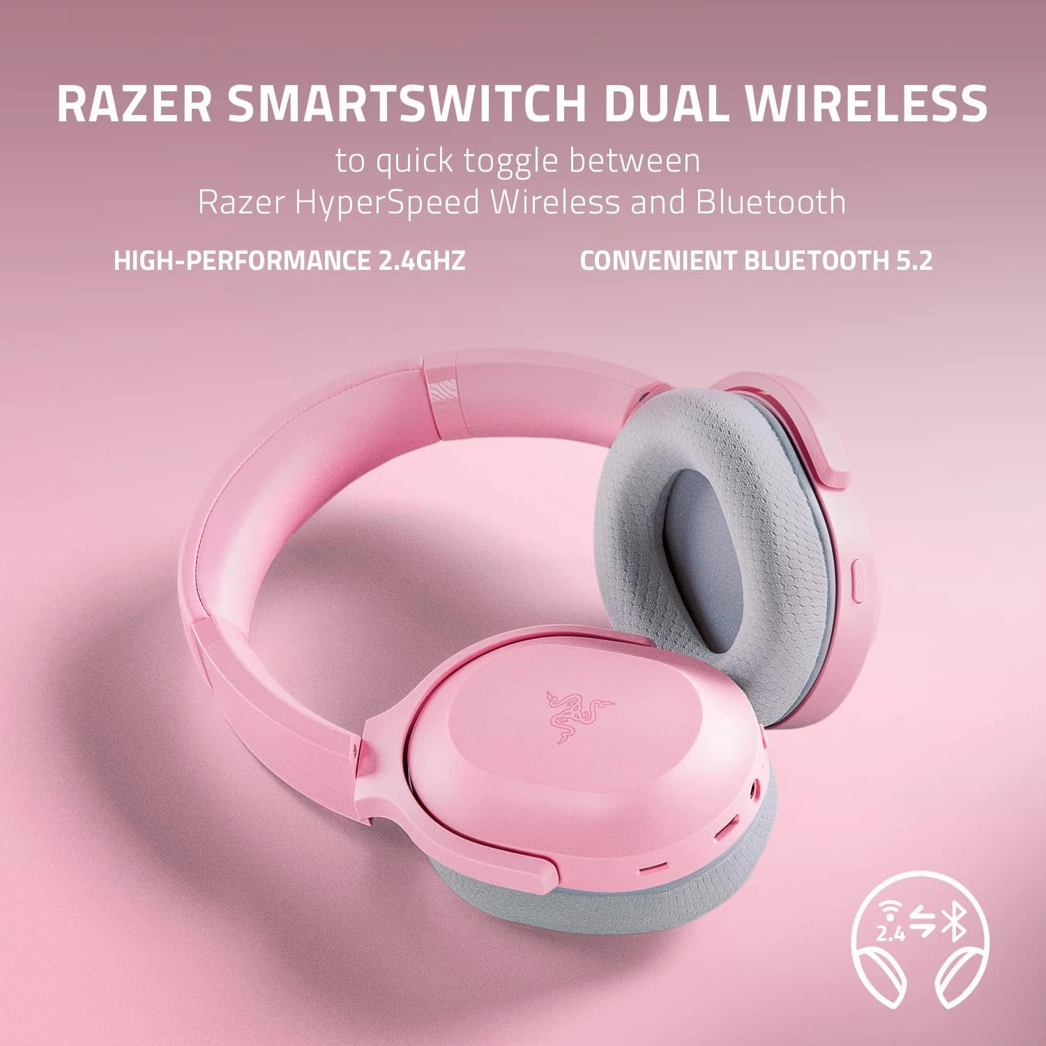 Razer Barracuda Wireless Gaming & Mobile Headset (PC, PlayStation, Switch, Android, iOS): 2.4GHz Wireless   Bluetooth - Integrated Noise-Cancelling Mic - 50mm Drivers - 40 Hr Battery - Quartz Pink
