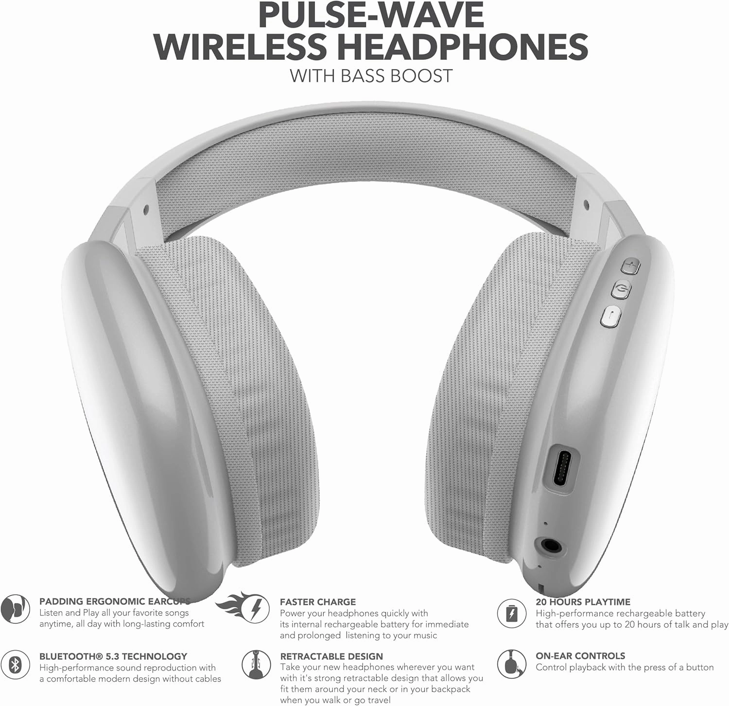 RCA Wave-56 Wireless Headphones, 20 Hour Battery Life, Hi-Res Audio, Enhanced Bass, Transparency Mode, Lightweight Comfort, Travel Friendly Design, White