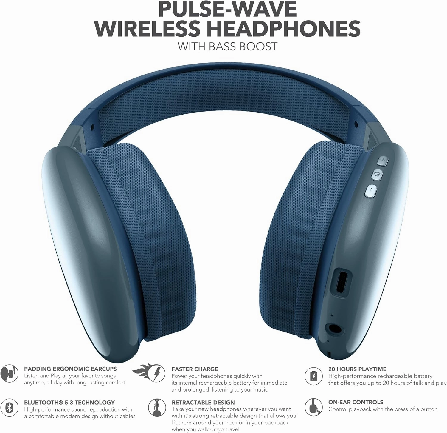 RCA Wave-56 Wireless Headphones, 40 Hour Battery Life, Hi-Res Audio, Enhanced Bass, Transparency Mode, Noise Cancelling Headphones, Lightweight Comfort, Travel Friendly Design, Navy