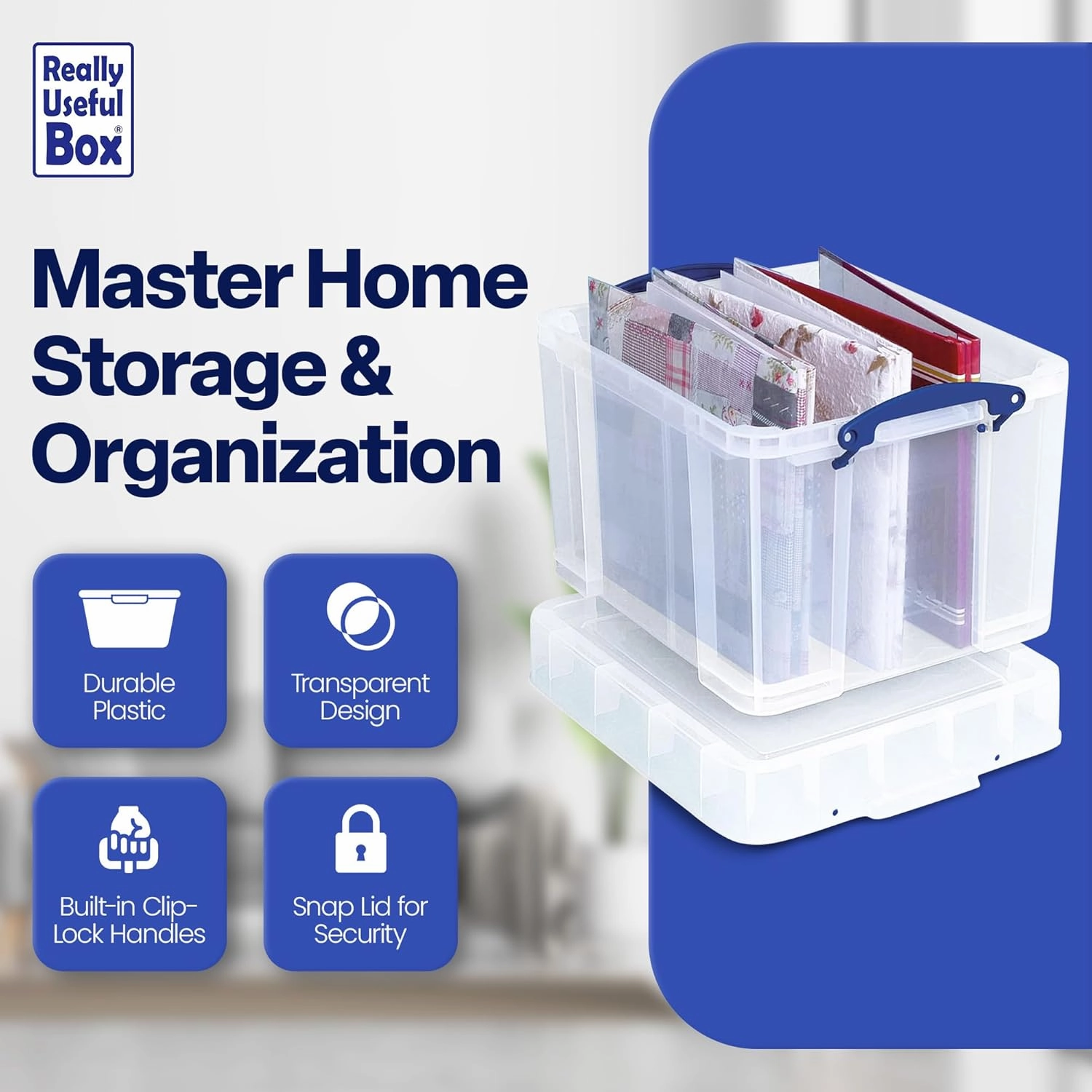 Really Useful Box 35 Liter Plastic Stackable Storage Container with XL Snap Lid & Built-In Clip Lock Handles for Home or Office Organization, Clear