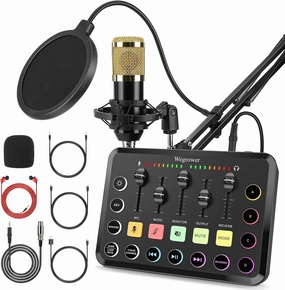 Rechargeable Audio Mixer for Gaming & Podcasting - 48V Phantom Power, Dual Mic Inputs, RGB Lighting, 1-Click Noise Cancel, Voice Changer, Plug & Play (W-11GD) audio interface,USB interface,music recording input,