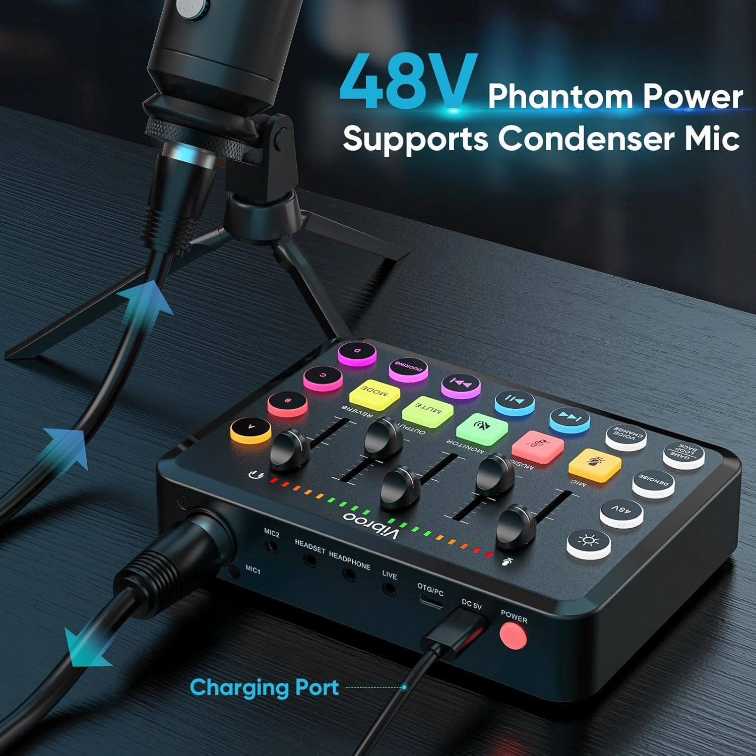 Rechargeable Audio Mixer for Gaming & Podcasting - 48V Phantom Power, Dual Mic Inputs, RGB Lighting, 1-Click Noise Cancel, Voice Changer, Plug & Play (W-11GD)