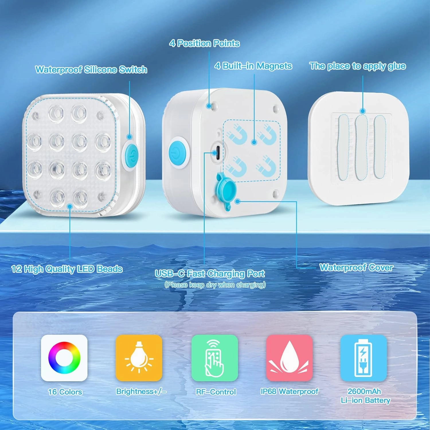 Rechargeable Submersible Pool Light - Waterproof Underwater 16 Color Changing Hot Tub Light With Remote Control and Magnet for Pond
