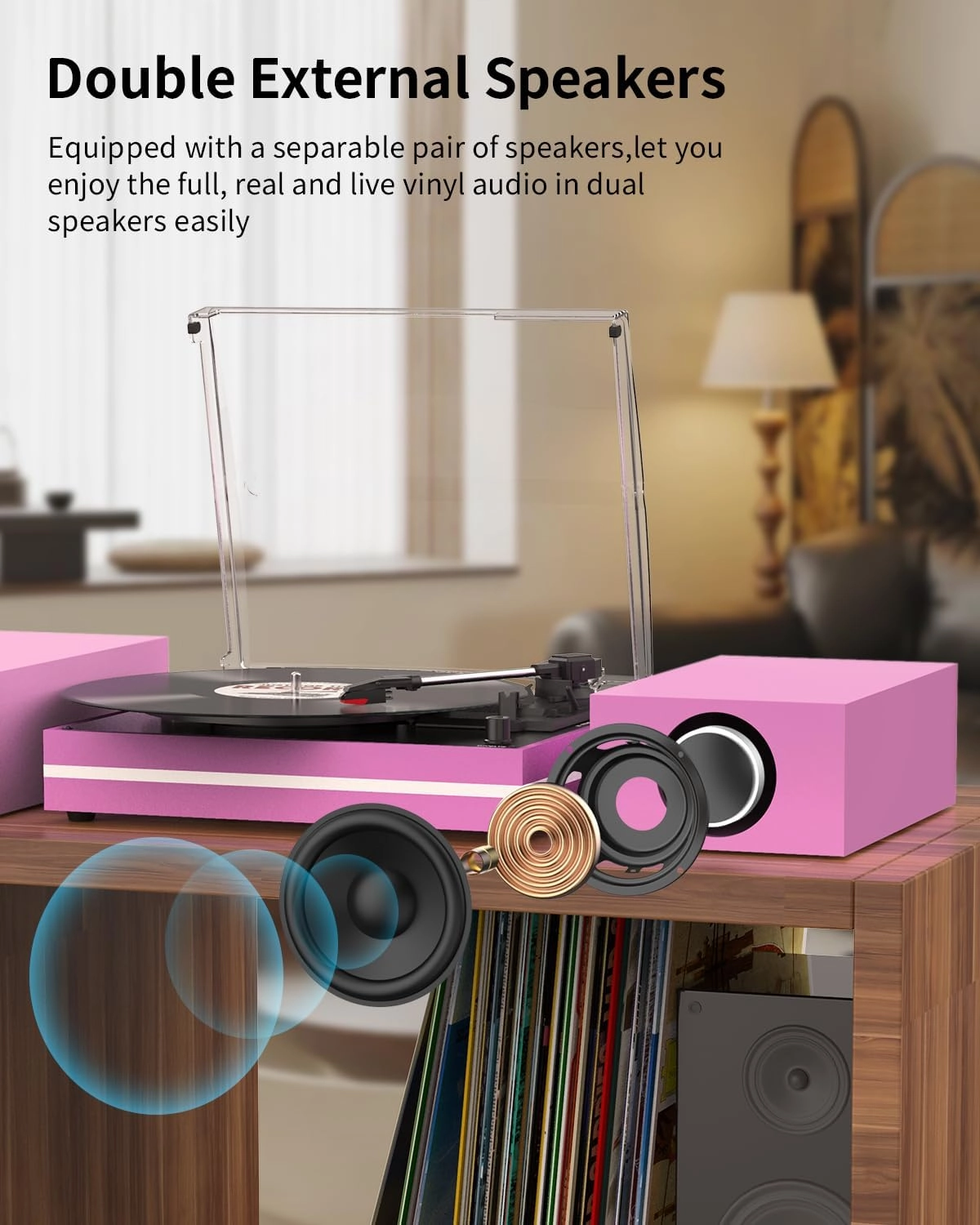 Record Player for Vinyl with Two External Speakers Turntable for Vinyls Records Belt-Driven LP Turn Table 3-Speed Wireless Playback AUX-in Headphone RCA Line New Sleek Pink