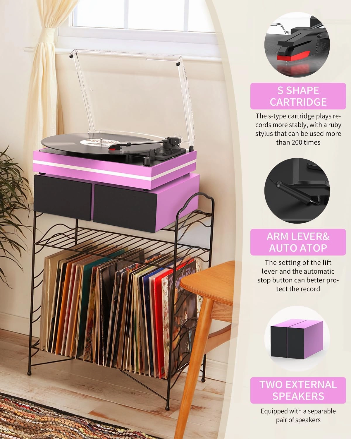 Record Player for Vinyl with Two External Speakers Turntable for Vinyls Records Belt-Driven LP Turn Table 3-Speed Wireless Playback AUX-in Headphone RCA Line New Sleek Pink