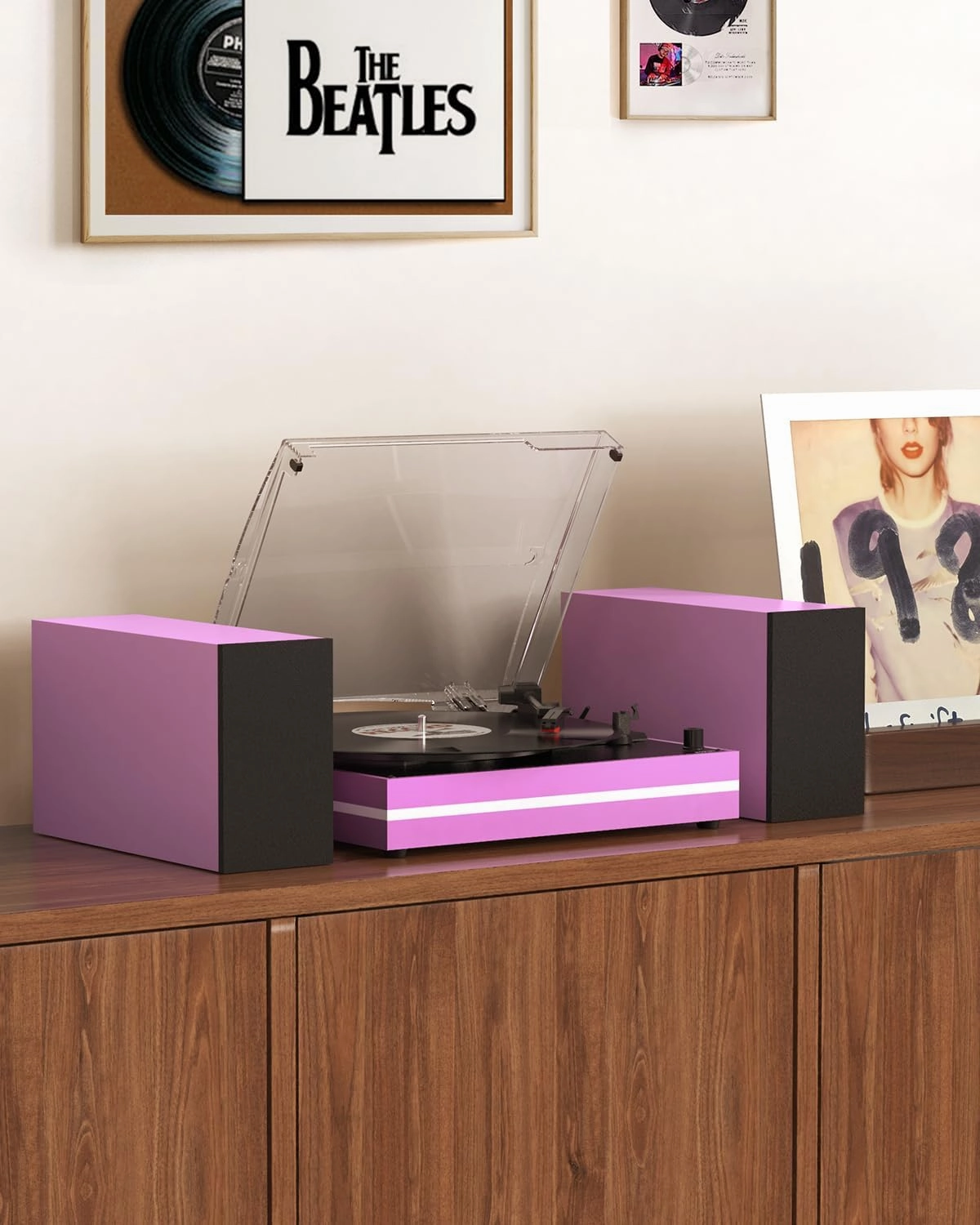 Record Player for Vinyl with Two External Speakers Turntable for Vinyls Records Belt-Driven LP Turn Table 3-Speed Wireless Playback AUX-in Headphone RCA Line New Sleek Pink