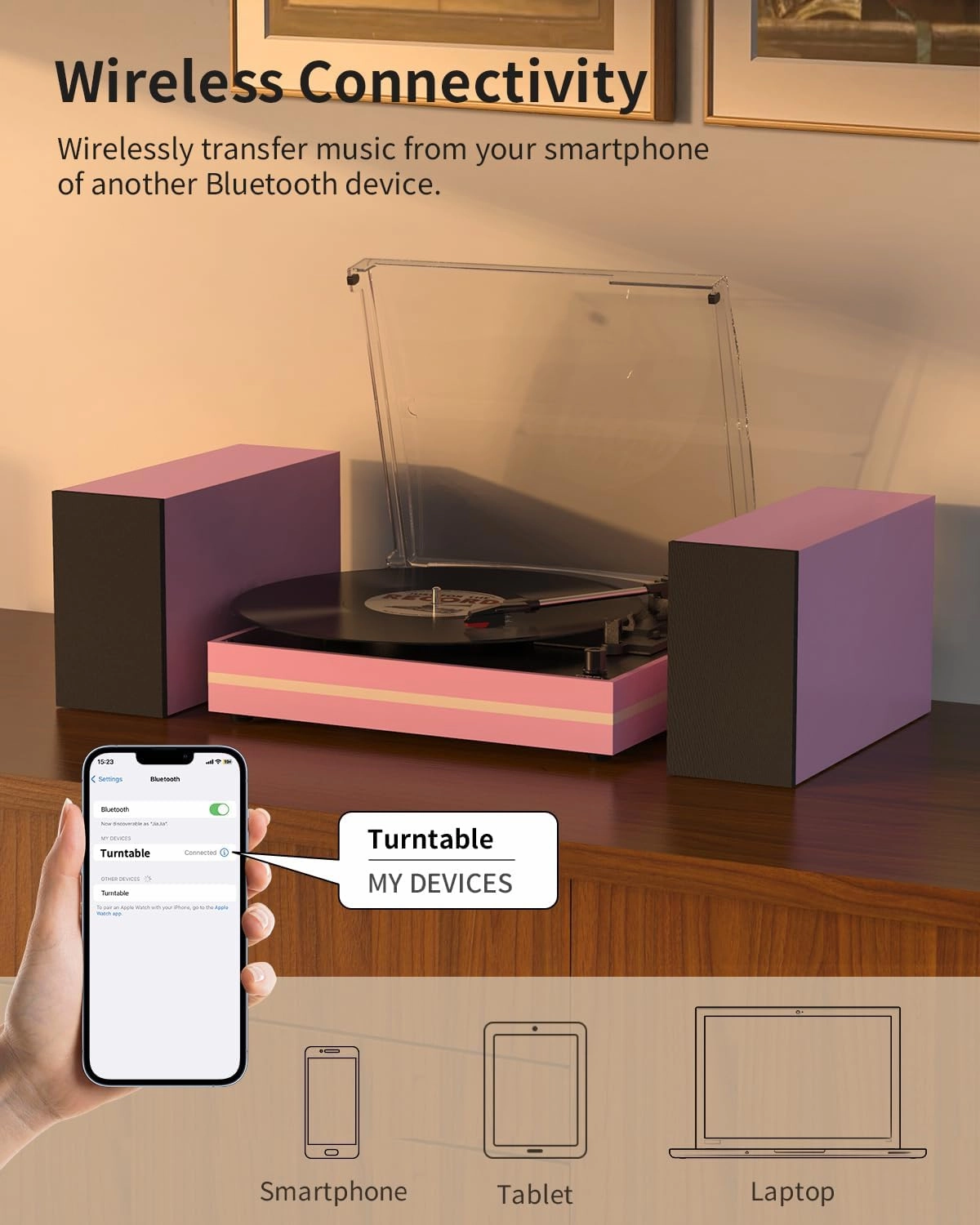 Record Player for Vinyl with Two External Speakers Turntable for Vinyls Records Belt-Driven LP Turn Table 3-Speed Wireless Playback AUX-in Headphone RCA Line New Sleek Pink
