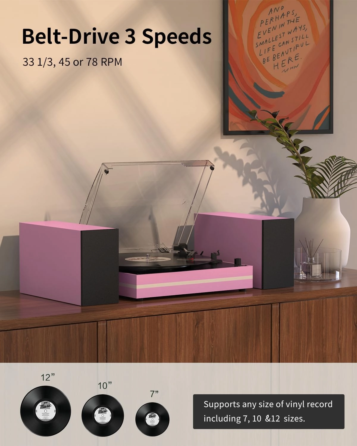 Record Player for Vinyl with Two External Speakers Turntable for Vinyls Records Belt-Driven LP Turn Table 3-Speed Wireless Playback AUX-in Headphone RCA Line New Sleek Pink