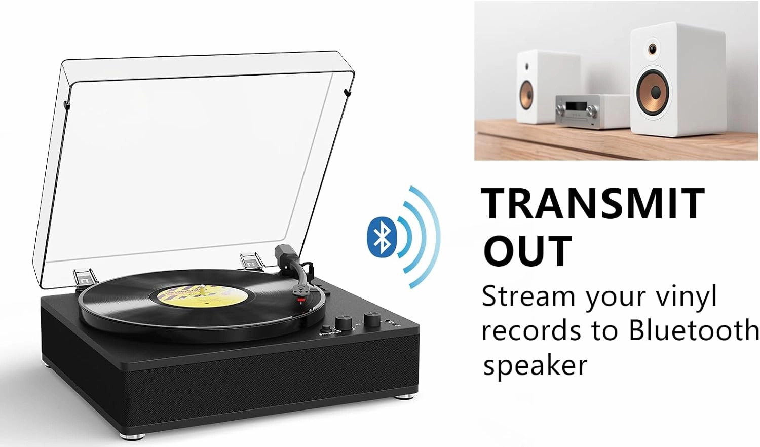 Record Player Full-Sized Platter with Built-in Bluetooth Ouput Transmission to External Speakerrs, 3 Speed Belt-Drive 33/45 /78 RPM Speed Turntable for Vinyl Records RCA Line Out, Black