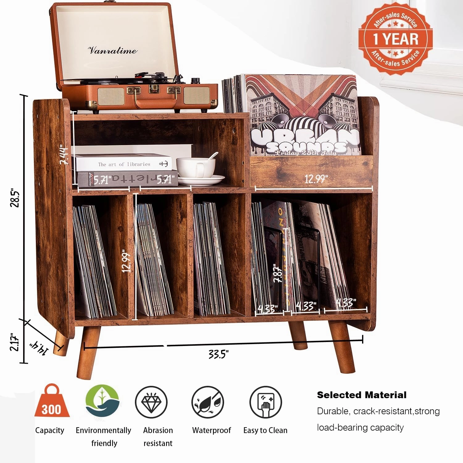 Record Player Stand, Large Record Player Table Cabinet with Open Vinyl Storage and Display Shelf Holds up to 350 Albums, Mid Century Wood Turntable for Living Room, Bedroom (Brown)