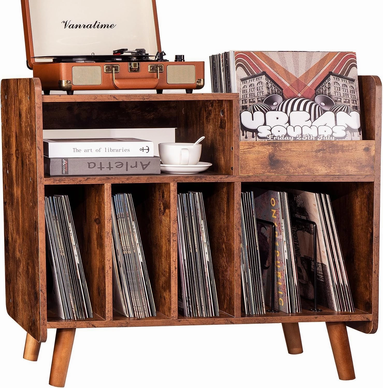 Record Player Stand, Large Record Player Table Cabinet with Open Vinyl Storage and Display Shelf Holds up to 350 Albums, Mid Century Wood Turntable for Living Room, Bedroom (Brown) vinyl storage,record holder,LP organizer,